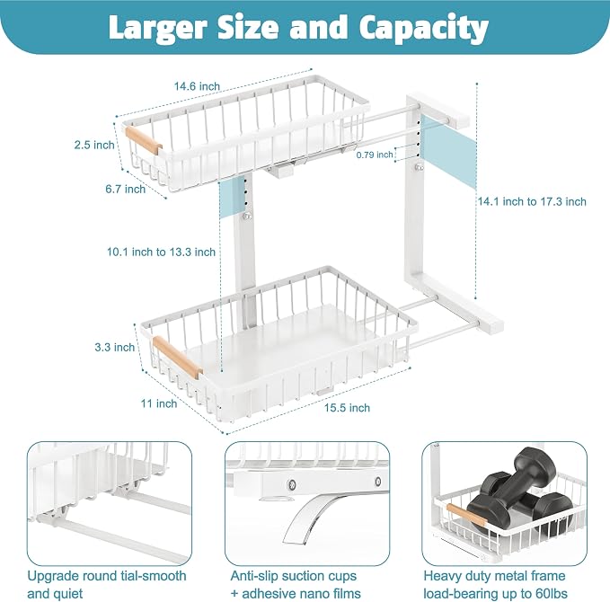 Under Sink Organizer Storage 1 pack, 2 Tier Slide Out Height Adjustable Pull - Image 5