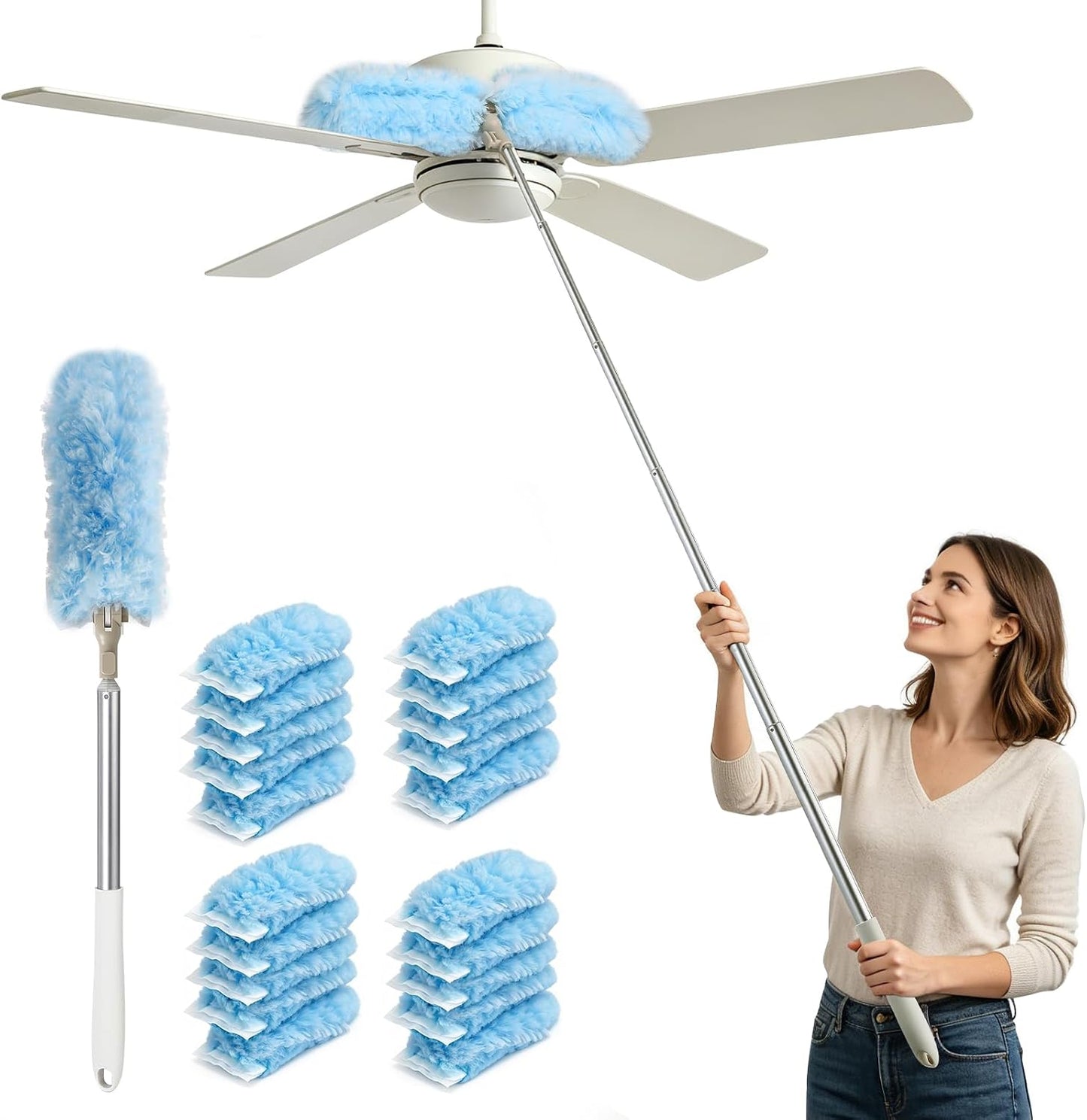 Duster Kit with 6 Ft Extendable Handle & 20 Refills - Long Reach Microfiber Dusters for Cleaning High Ceilings, Fans, Blinds,Wall - Traps 4X More Dust - Complete Dusting Wand for Home Office