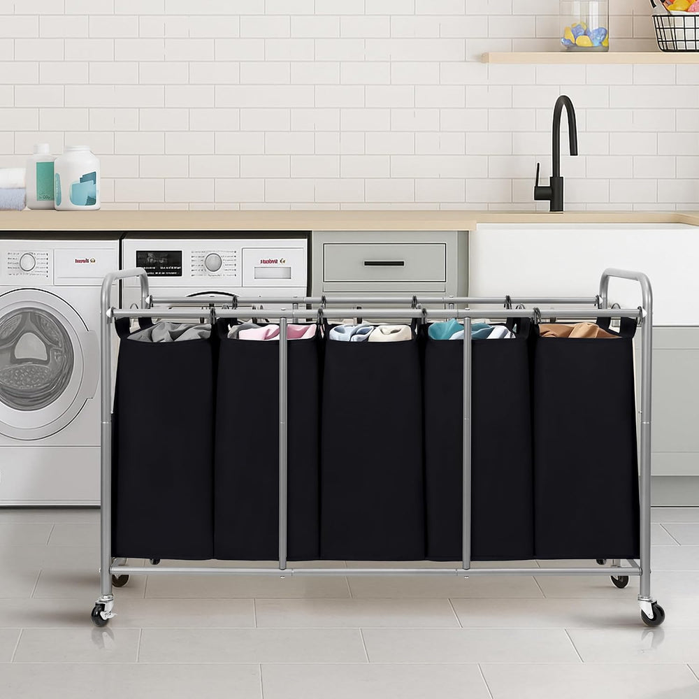 STORAGE MANIAC 5 Section Laundry Sorter, 5 Bins Rolling Separator Laundry Bas...