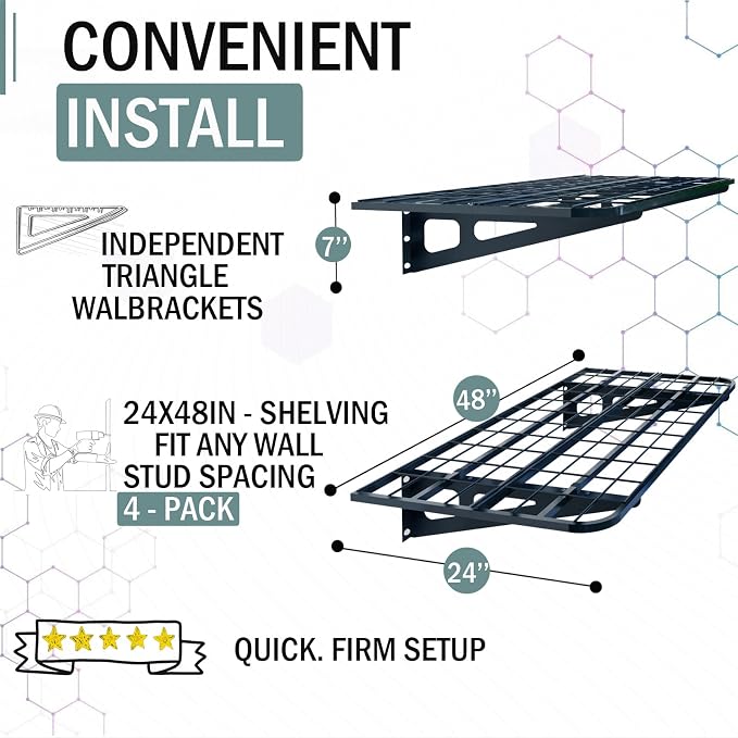 4-Pack 2x4ft Garage Wall Shelving, 4 Shelf Total 16 ft Garage Shelving Wall - Image 4