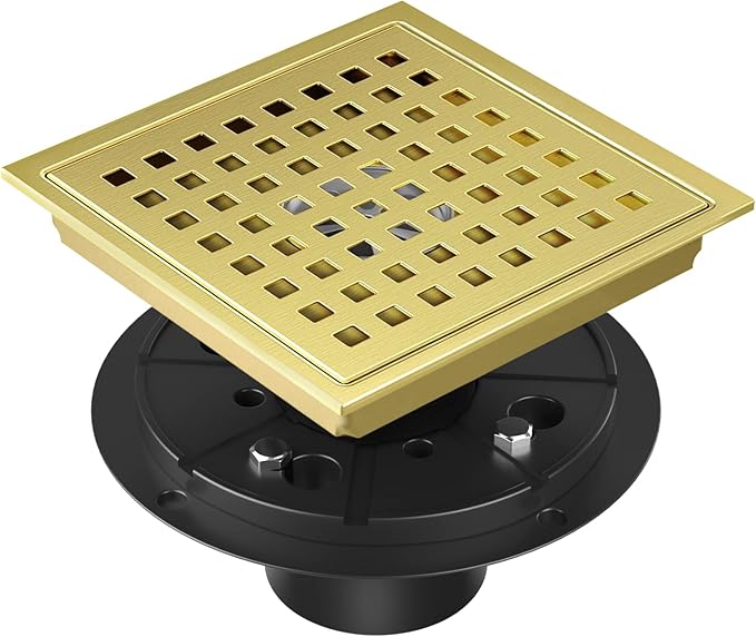 Shower Drain Brushed Gold 6 Inch, Square Floor Drain, Stainless Steel Drain Kit by Dilvii