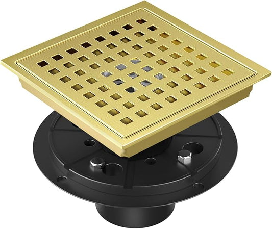Shower Drain Brushed Gold 6 Inch, Square Floor Drain, Stainless Steel Drain Kit by Dilvii