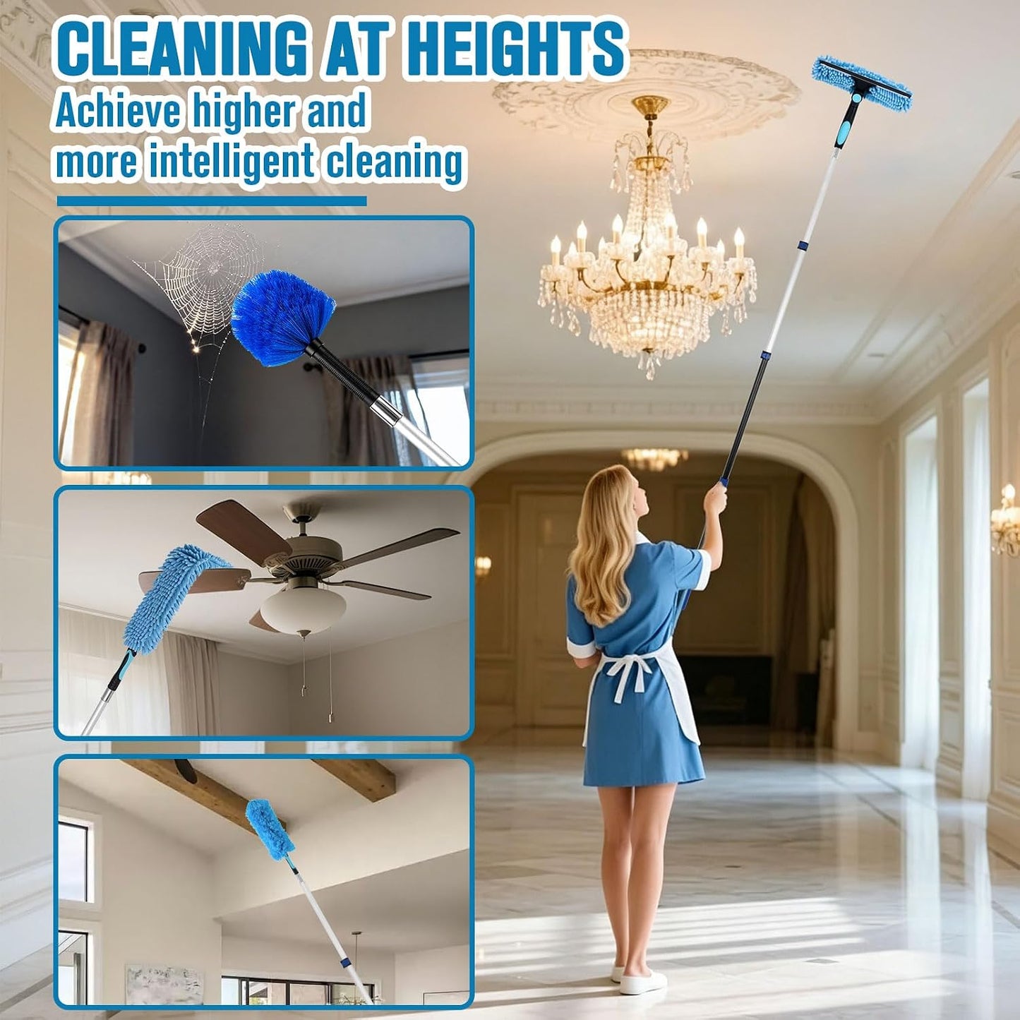 20Ft High Reach Ceiling Fan Cleaner Duster Kit, Reusable Cobweb Duster with 5-12Ft Heavy Duty Extension Pole, Washable Microfiber Duster & Window Squeegee for High Ceiling & Glass Cleaning