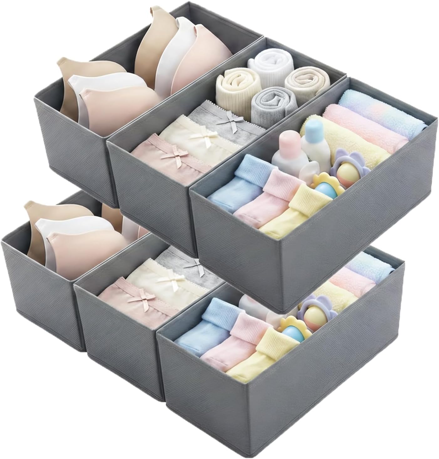 Small Foldable Fabric Drawer Organizer 6 Pack Grey - 11“ Breathable Closet & Dresser Storage Bins for Socks, Underwear, Bras & Baby Clothes