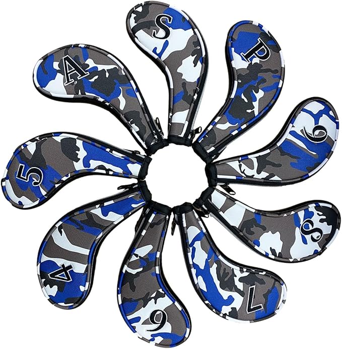 9pcs PU Leather Camouflage Blue Zipper Long Neck Design Golf Iron Headcovers - Image 2