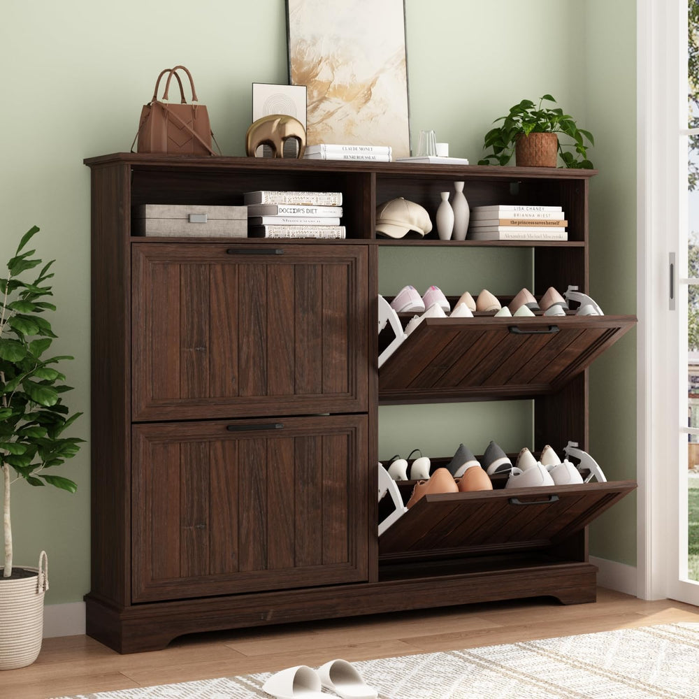 Hidden Shoe Storage Cabinet with 4 Flip Drawers & Open Storage