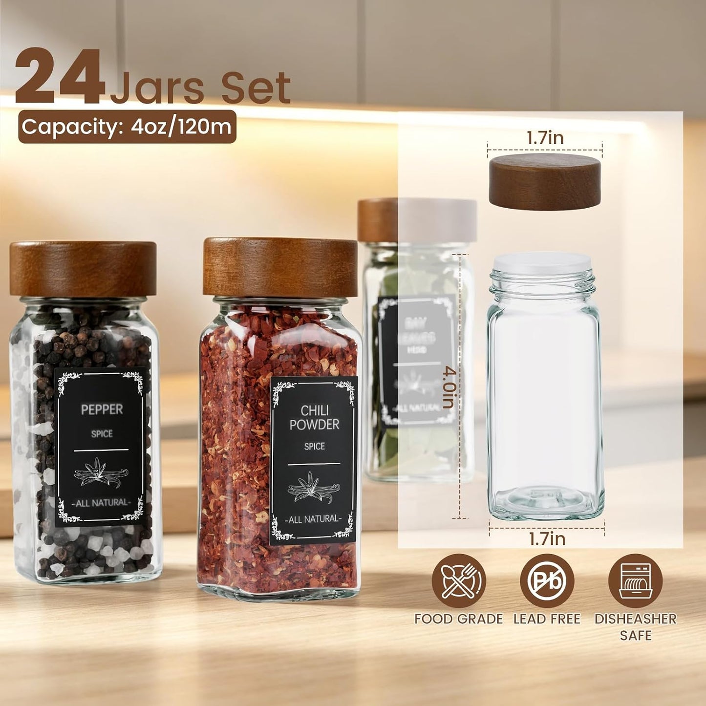2 Pack Spice Rack with 24 Spice Jars, 4OZ Wood Lid Spice Containers with Expandable Spice Organizer Shelf, Spice Labels, Pepper Grinder Lids, Chalk Marker & Funnel Set for Drawer Kitchen Countertop
