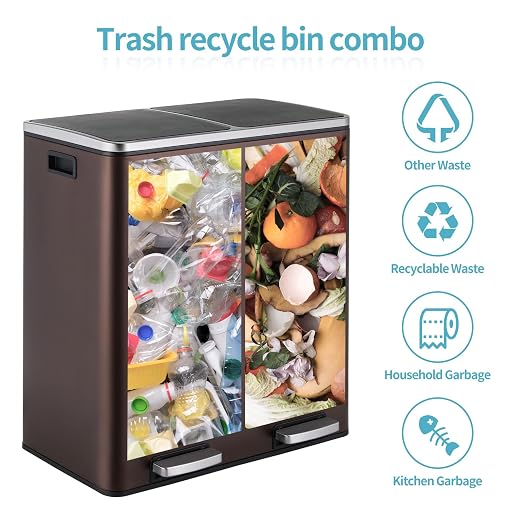 16 Gallon Rectangular Stainless Steel Trash Can, Dual Compartment Garbage Bin - Image 5