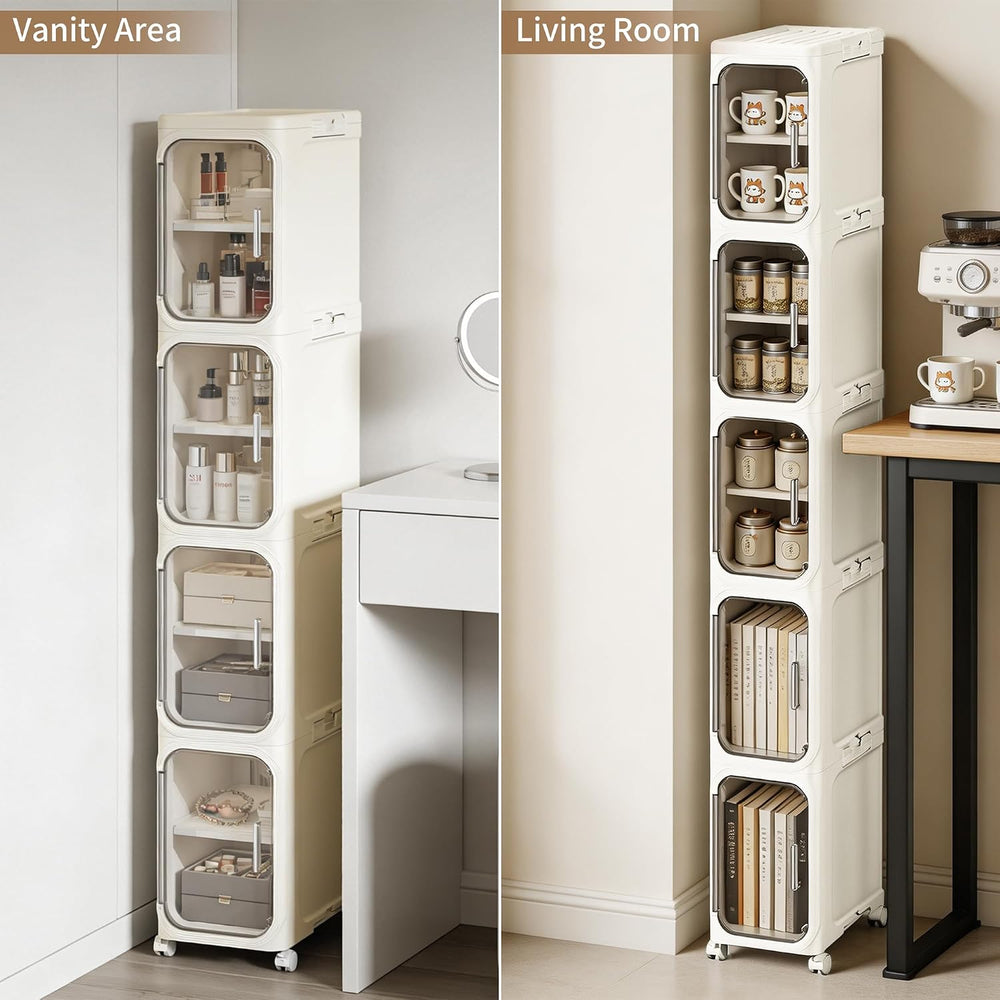 5-Tier Narrow Storage Cabinet Slim Bathroom Tall Skinny Organizer，Beige