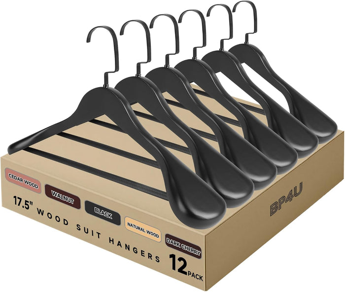 Wooden Suit Hangers with Non Slip Pants Bar, Black, 12-Pack, 17.5"
