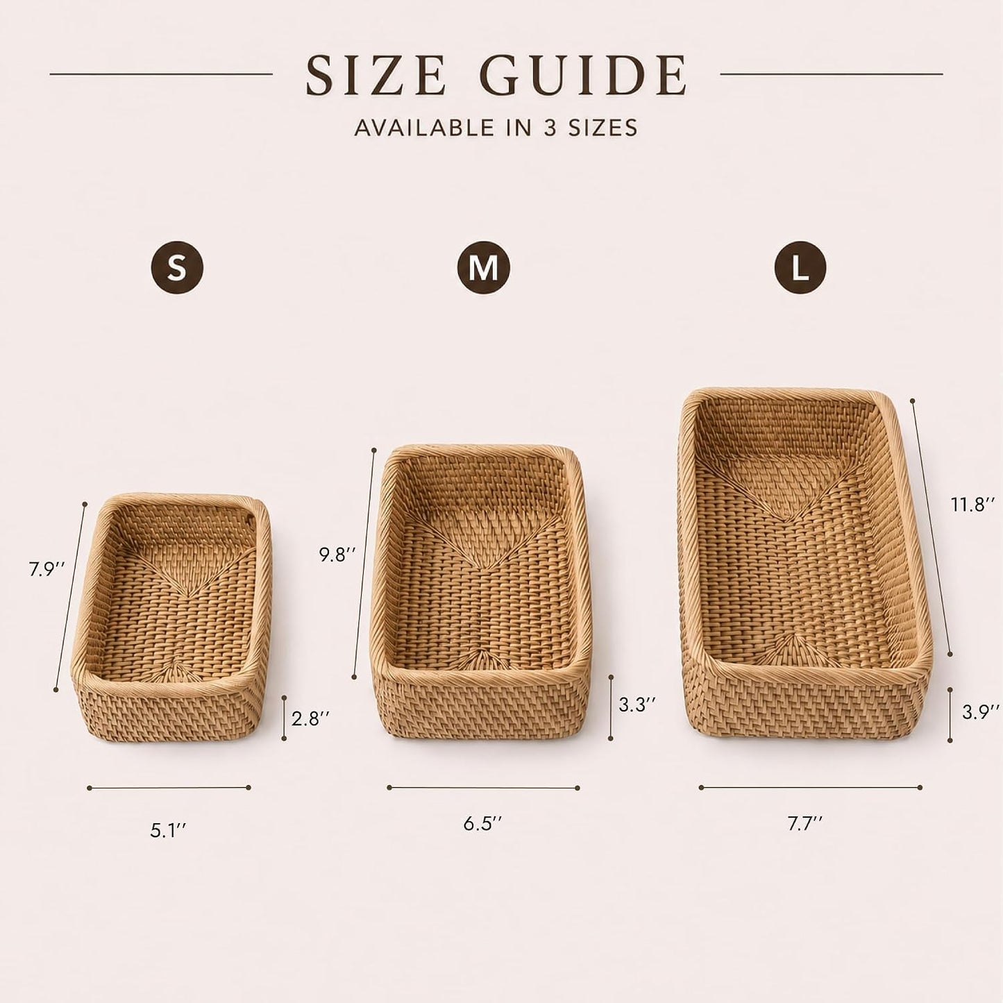 Yangqihome Natural Rattan Storage Baskets, Rectangular Woven Fruit Baskets, Decorative Wicker Basket and Small Baskets for Organizing (Set of 3)