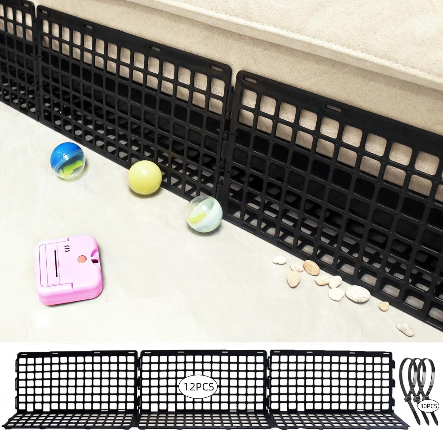 12 Pcs Under Couch Blocker for Bed Adjustable Furniture Plastic Under Bed Blocker with 30 Ties Black Couch Barriers for Dogs Pets Cats (Style 1)