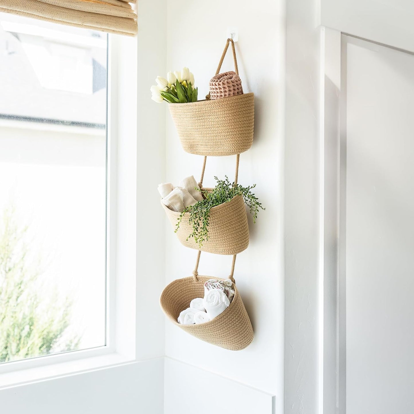 3-Tier Over the Door Hanging Basket (Set of 2) Adjustable, Detachable Woven Storage Baskets with Wall and Door Hooks - Decorative Boho Organizer for Nursery, Playroom, Bedroom, Kitchen, Apartment