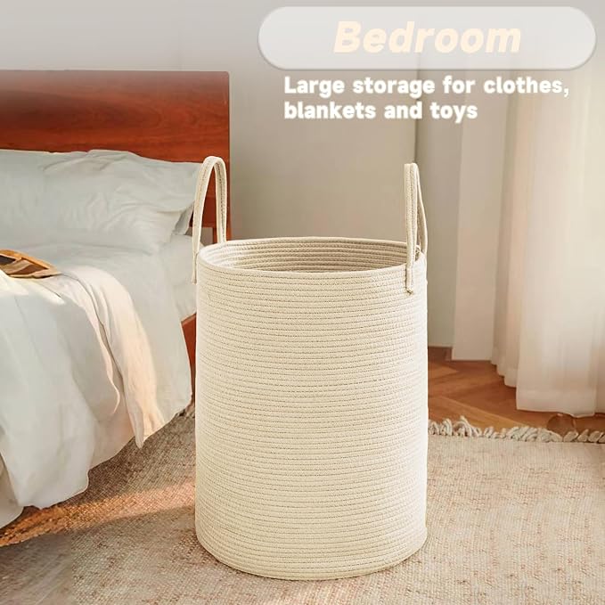 Large Woven Laundry Basket Hamper, 100L Cotton Rope Storage Bin - Image 4