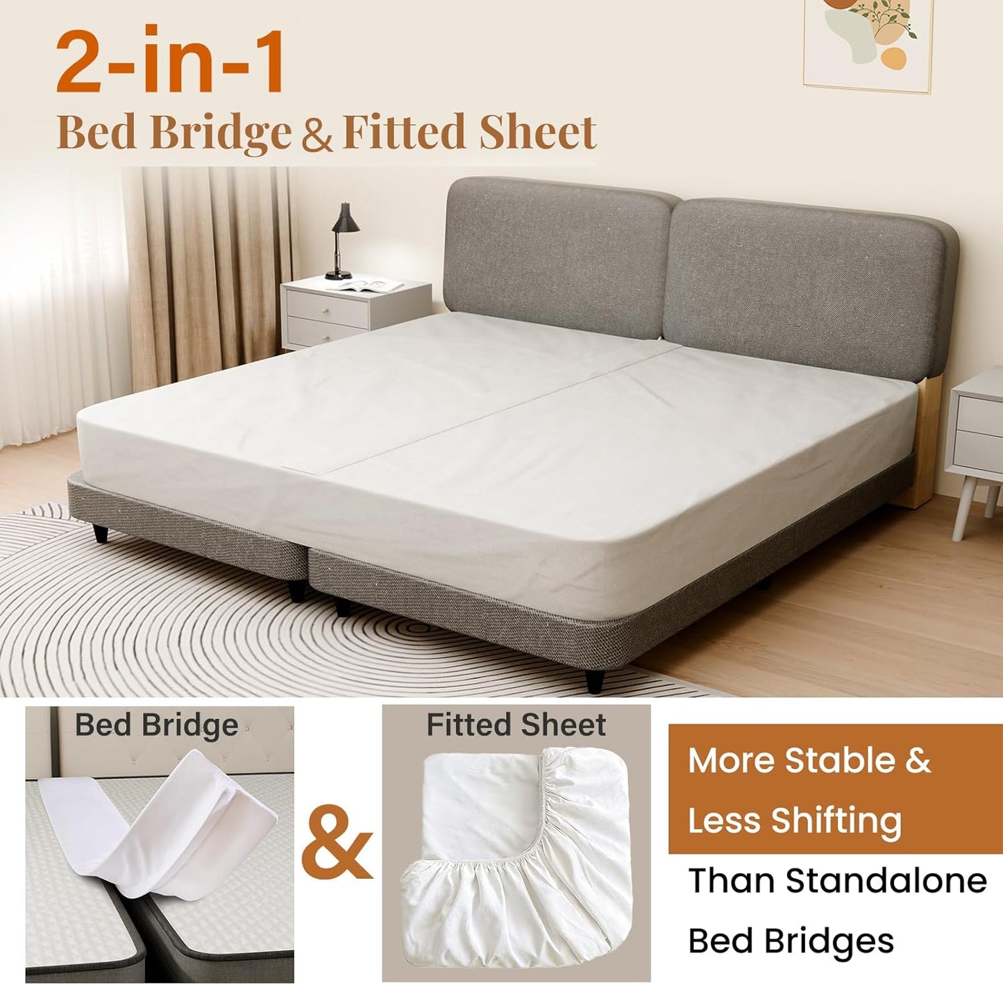Vekkia 2-in-1 Split King Gap Filler with Built-in Fitted Sheet, Twin to King Converter, Bed Bridge with Washable Cover, Fits Guest Rooms, Hotels & Vacation Rentals, 75"x75"