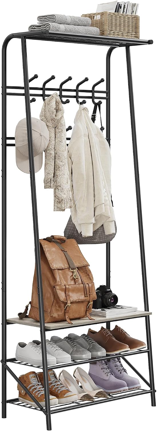 4-In-1 Hall Tree Coat Rack Shoe Bench with 5 Hooks & 4-Tier Shelf, Metal Frame Wood Look Entryway Organizer, Multifunctional Storage Bench for Hallway Bathroom