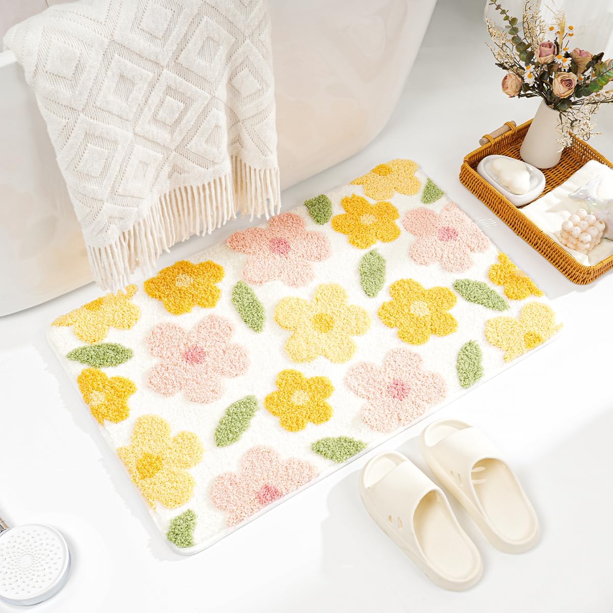 Cute Flowers Bathroom Rug Non Slip and Super Absorbent Bath Mat Machine Washable Bath Carpet Soft Microfiber Rug for Dining Room, Kitchen and Living Room (Colorful Flowers, 31"x20")