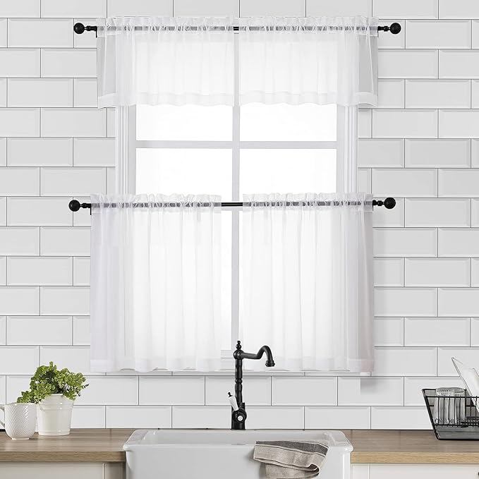Chyhomenyc Sheer White Tier Curtains 24 Inch Length Set, Small Window Curtains - Image 2