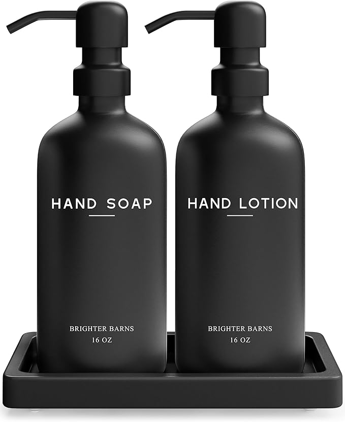 Black Glass Soap and Lotion Dispenser Set by BrighterBarns