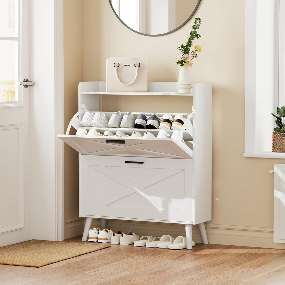 Homleke Farmhouse Shoe Storage Cabinet with Flip Drawers & Barn Door Design