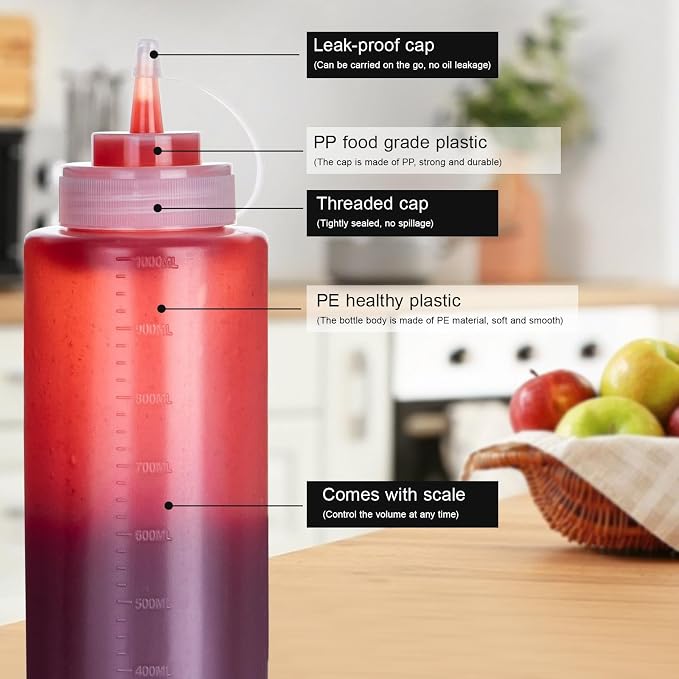 Squeeze Bottles for Sauces 2 Pack, 32 Ounce 1000ml Plastic Dressing Squirt - Image 3