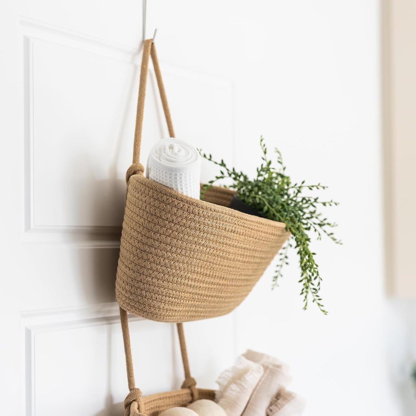 3-Tier Over the Door Hanging Basket (Set of 2) Adjustable, Detachable Woven Storage Baskets with Wall and Door Hooks - Decorative Boho Organizer for Nursery, Playroom, Bedroom, Kitchen, Apartment