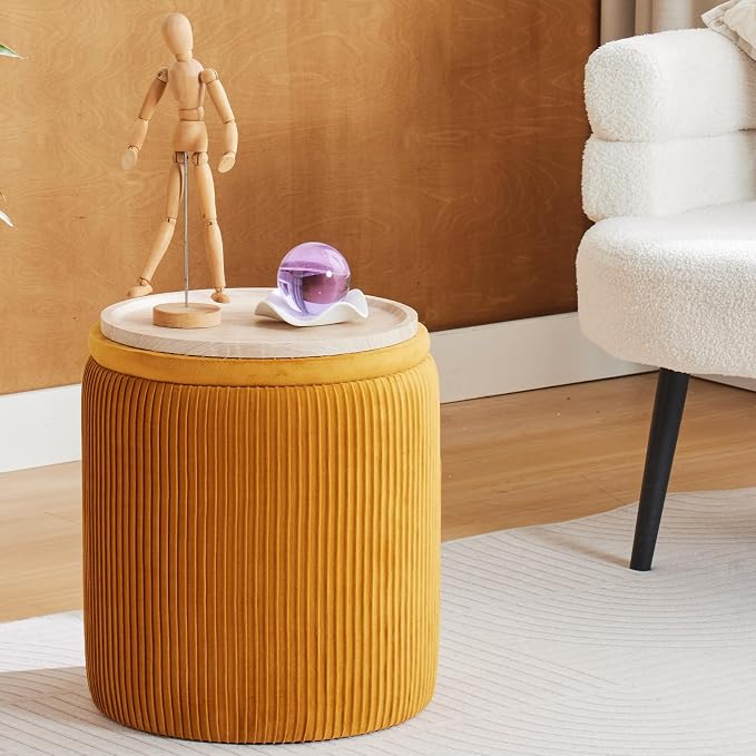 Round Ottoman with Storage Set of 2-Upholstered Velvet Vanity Stool - Image 3