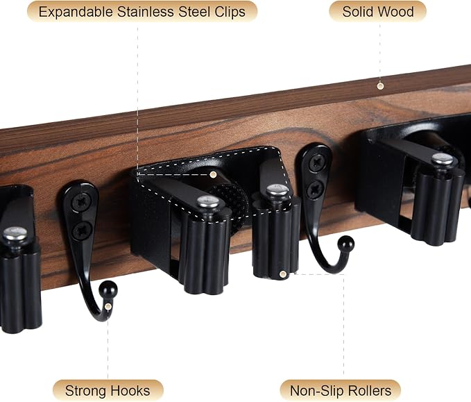 Broom Holder Wall Mount With 5 Slots & 4 Hooks，Rustic Wood Broom & Mop - Image 5