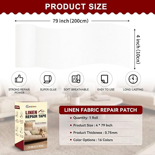 Linen Repair Tape 4x79 inch, Self Adhesive Fabric Patches, Linen Patch Tape Kit - Image 2
