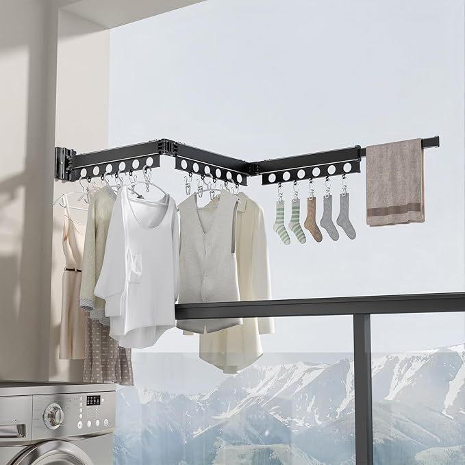 Clothes Drying Rack Foldable Wall Mounted Drying Rack 3 Fold Black-Laundry - Image 2