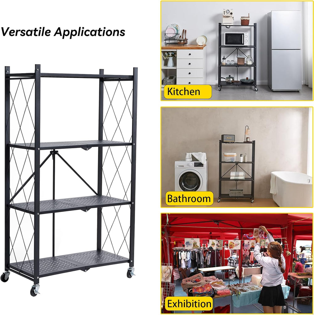 BRIAN & DANY 4-Tier Foldable Storage Shelves with Wheels, Folding Metal R...
