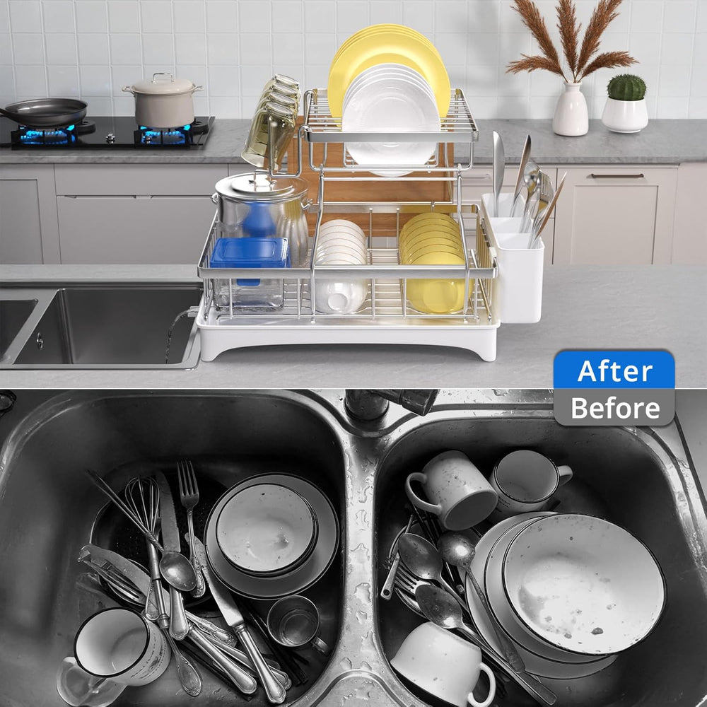 Godboat 2-Tier Dish Drying Rack - 304 Stainless Steel Dish Rack Auto Drain