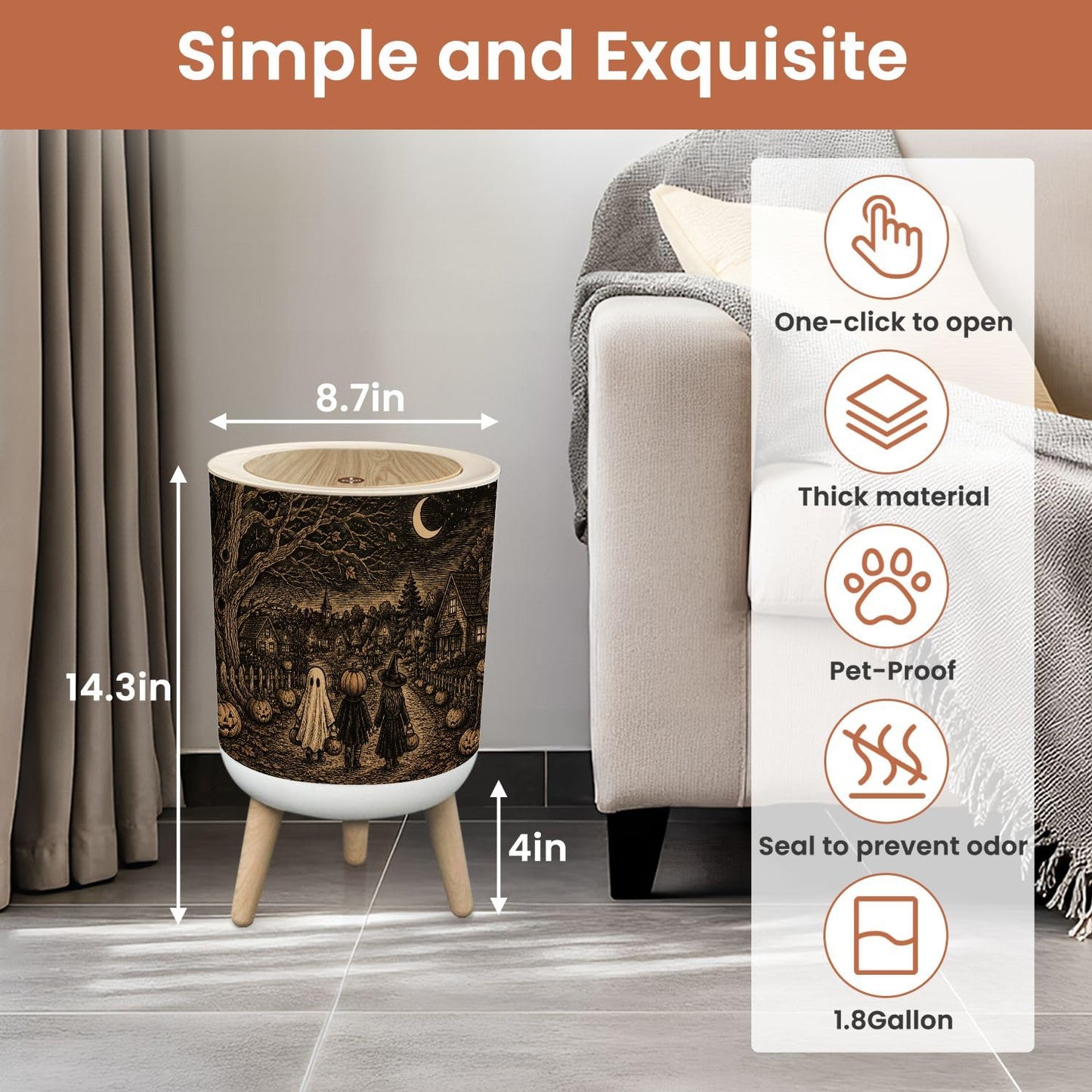 Small Trash Can with Lid Vintage Halloween Kids 1.8 Gallon | Dog Proof Trash Can Round Garbage Can Waste Bin Wastebasket for Bathroom Bedroom Living Room
