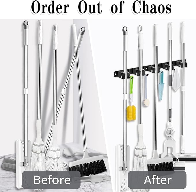 Black 5 Racks and 4 Hooks Mop and Broom Holder Wall Mount, Broom Organizer - Image 5