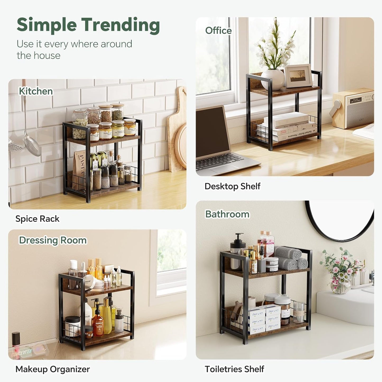 Simple Trending Countertop Shelf Organizer, 2 Tier Kitchen Spice Rack, Coffee Bar Station Storage, for Kitchen Cabinet Bathroom Living Room, Brown, M