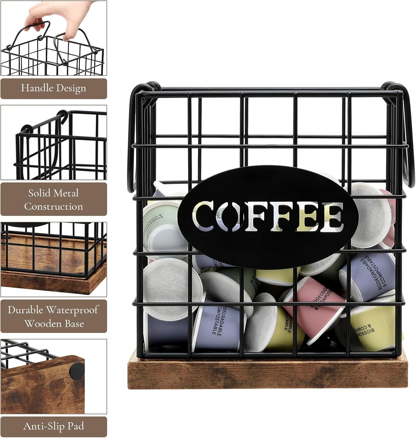 Coffee Pod Holder Organizer, Large Capacity K Cup Holder Organizer | Storage Basket for Kitchen Countertop Office Coffee Bar with Wooden Base & Handle Design (Rustic Brown-Square)