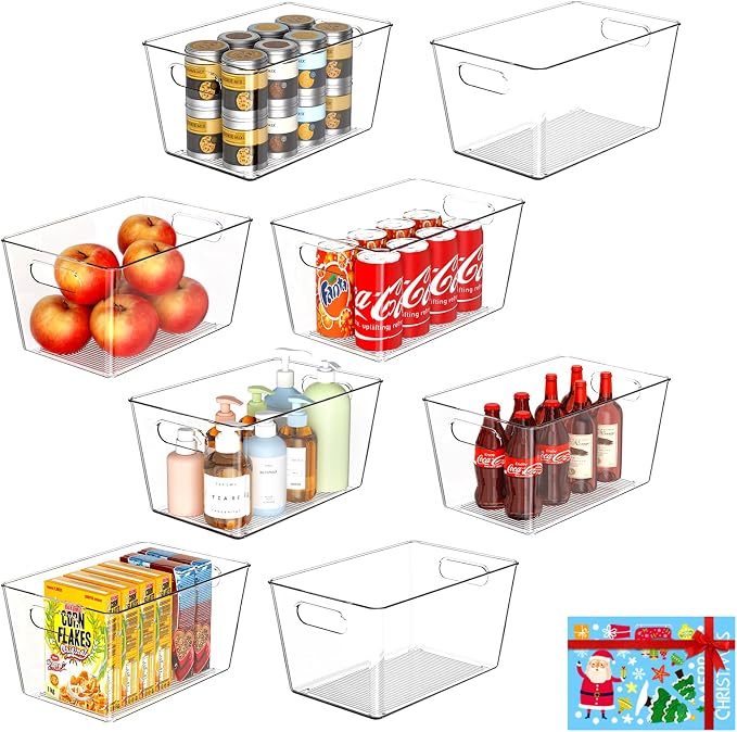 8 Pack Large Clear Plastic Storage Bins, Refrigerator Cabinet Organizers by JOYMEEZO
