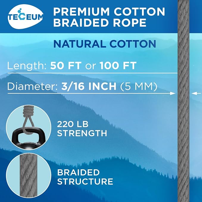 TECEUM Cotton Rope 3/16” – 50 FT – Strong All-Purpose Braided Rope – Natural - Image 2