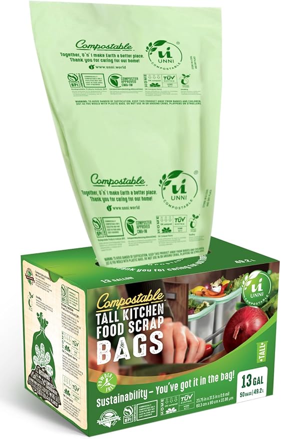 UNNI Compostable Trash Bags, 13 Gallon / 49.2 Liter, Extra Thick 0.9 Mil Tall by UNNI