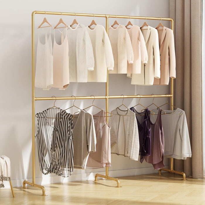 Industrial Pipe Clothing Rack, Heavy Duty Metal Clothes Rack with Double Rods, Freestanding Garment Rack for Bedroom Boutique Retail Use
