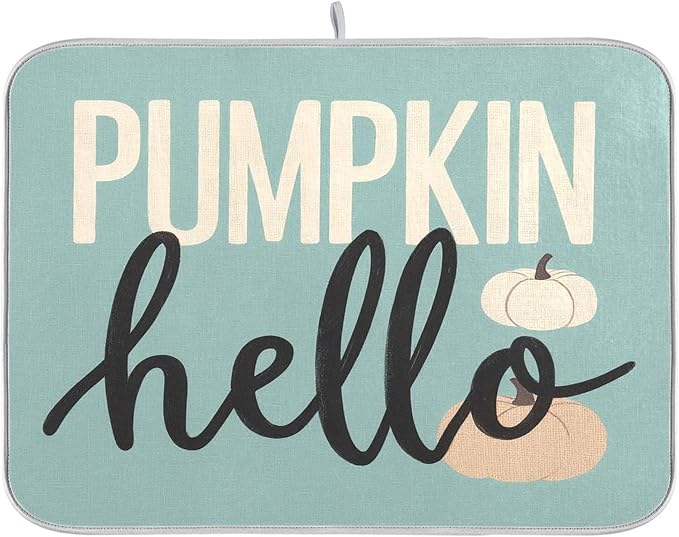 Hello Pumpkin Turquoise Fall Dish Drying Mat by Wamika