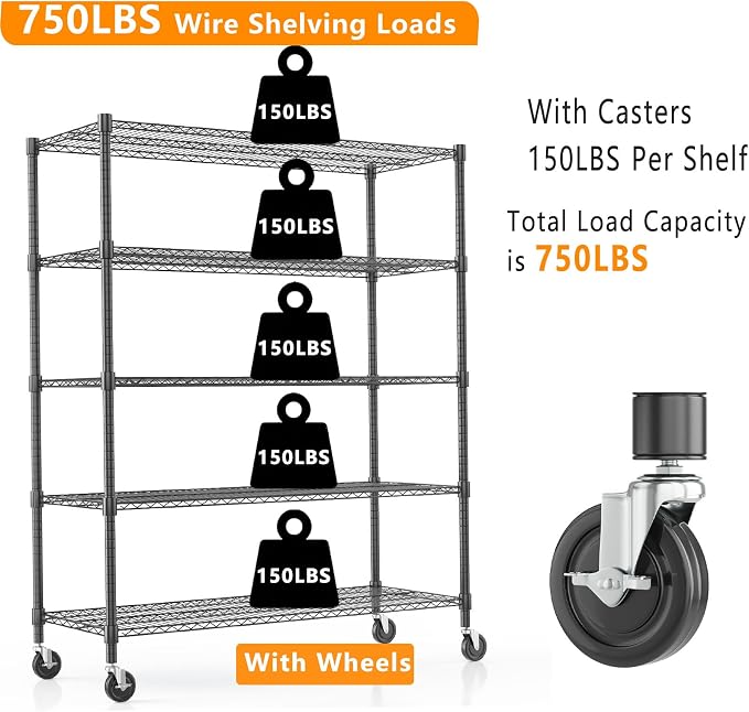 Himimi 82" H Storage Shelves 5 Tier Metal Shelving Adjustable Wire Shelf