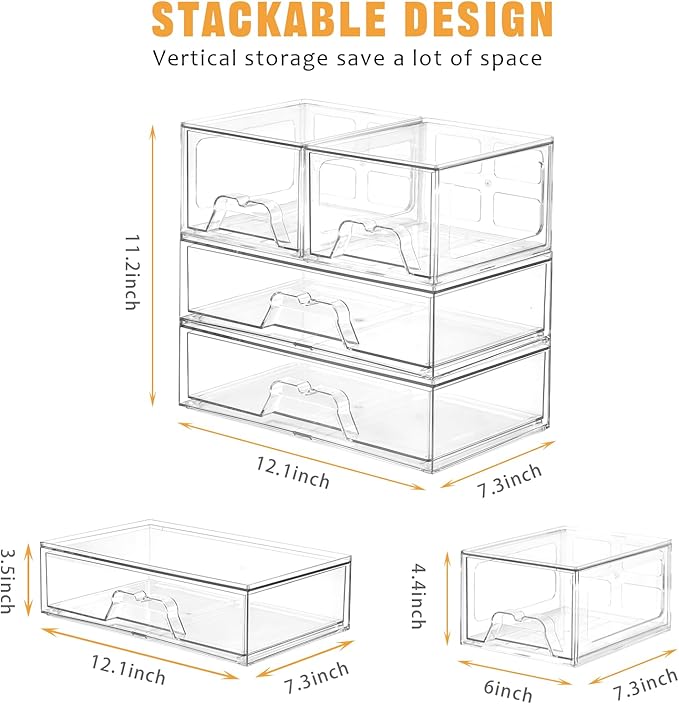 4 Pack Stackable Storage Drawers Clear Acrylic Organizer Bathroom Makeup - Image 2