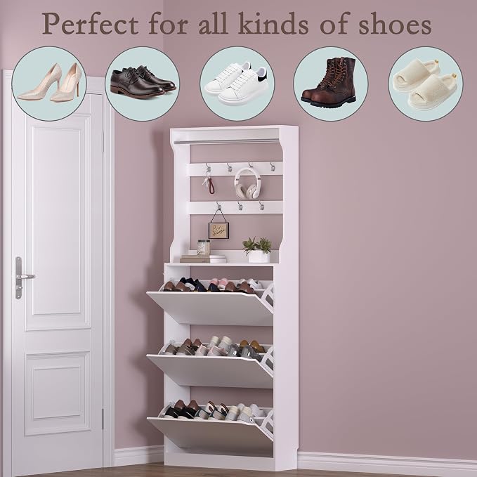 Shoe Cabinet with 3 Flip Drawers & Coat Rack, Narrow Hidden Shoe Storage Cabinet - Image 4