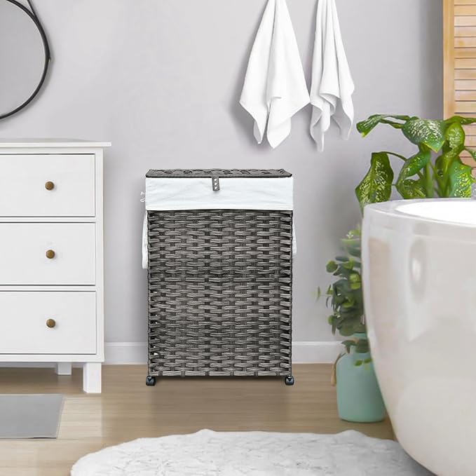 70L Slim Laundry Hamper with Lid & Wheels, 2-Park Rolling Laundry Basket with 4 - Image 3