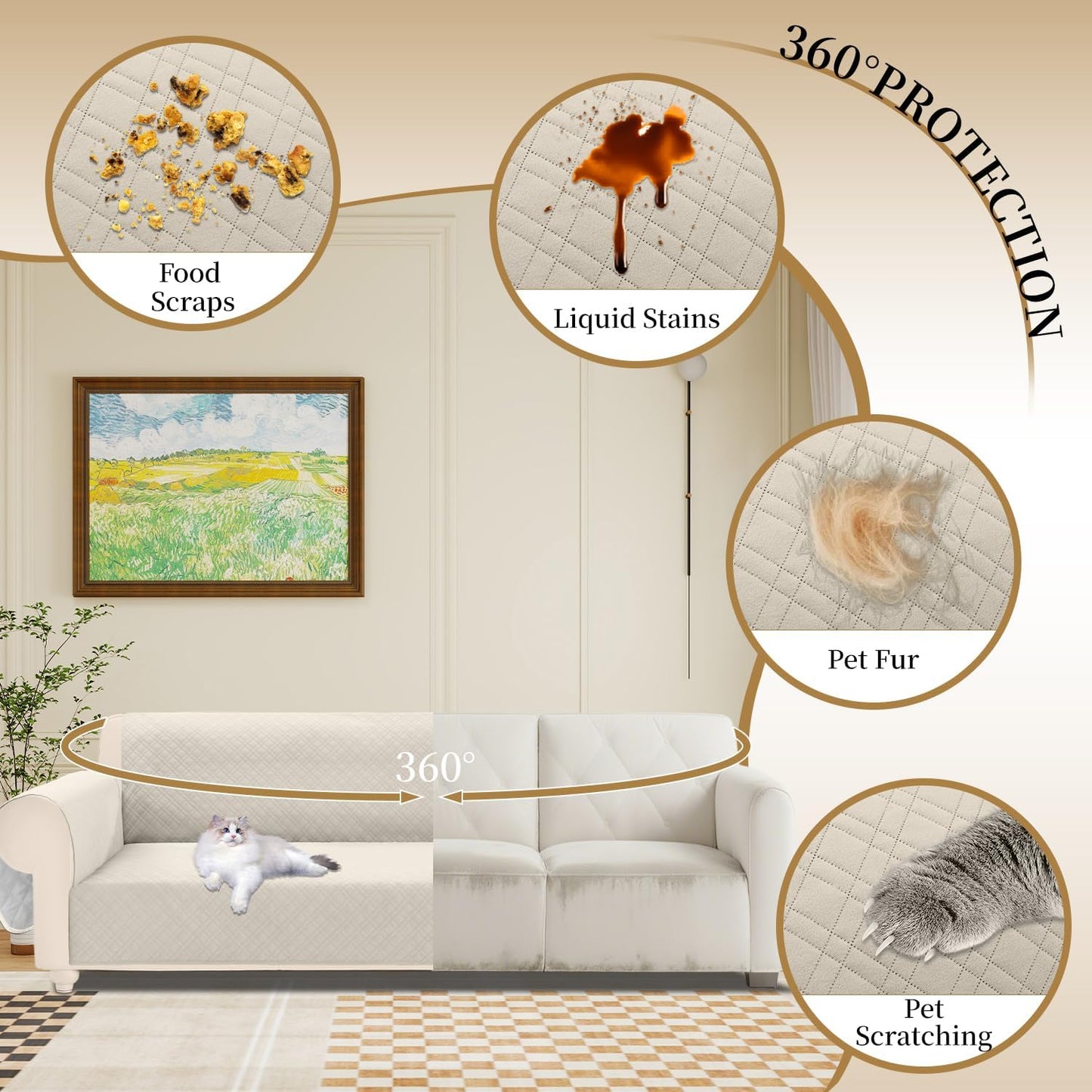 Velvet 100% Waterproof Couch Cover for Dogs Washable Sofa Covers for 3 Cushion Couch Pet Friendly Oversized Sofa Slipcovers Non Slip Furniture Protector with Pockets (XX-Large, Light Beige)