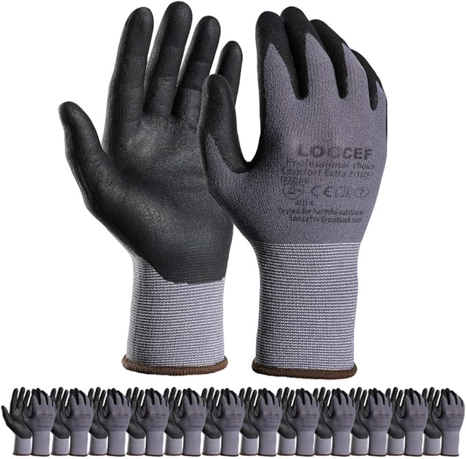 LOCCEF Safety Work Gloves MicroFoam Nitrile Coated-12 Pairs, Seamless Knit by LOCCEF