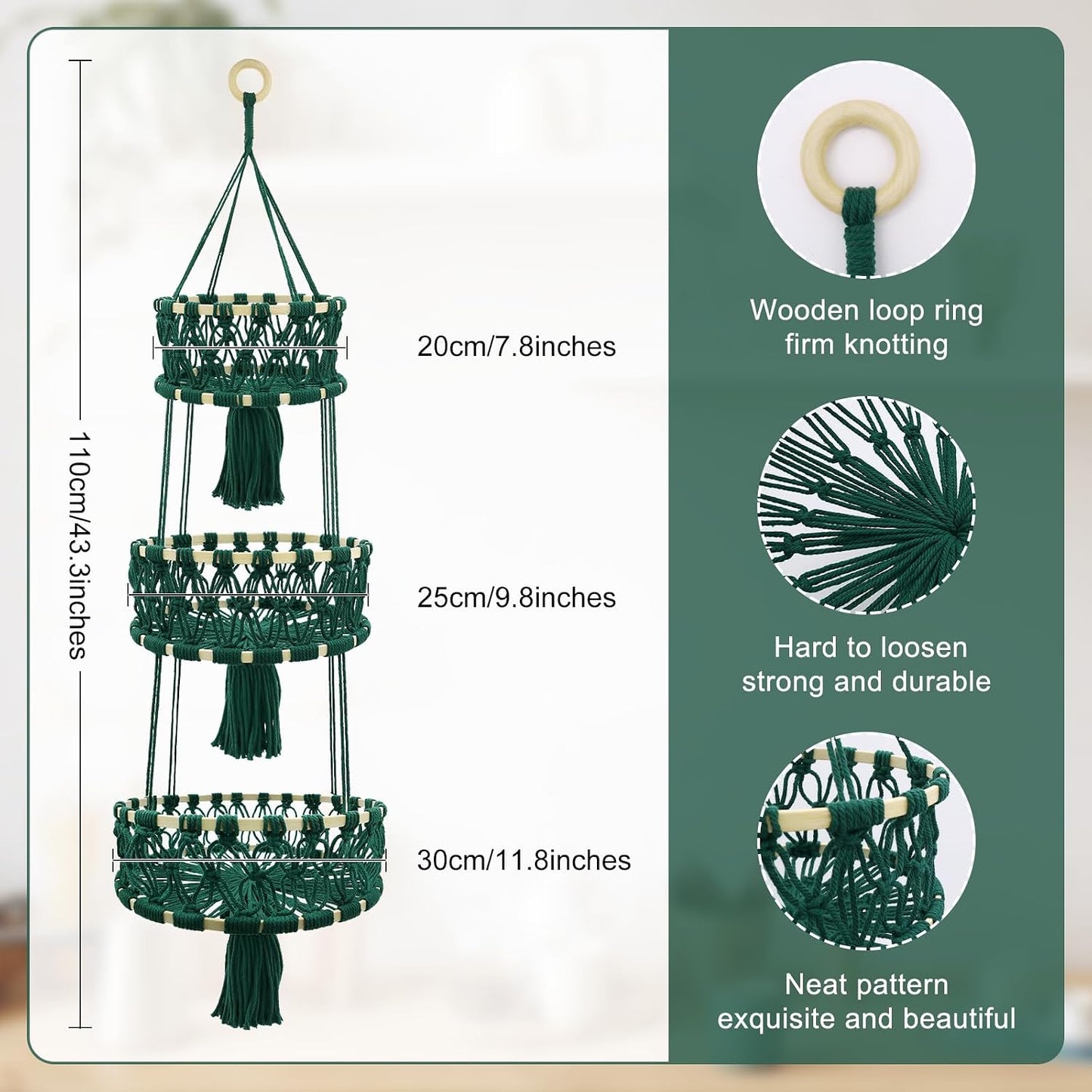 3 Tier Macrame Hanging Basket Hanging Fruit Basket for Kitchen | Cotton Rope Woven Basket for Fruit and Vegetable Storage, Space-Saving Kitchen Use, Decorative Boho Decor, Small Plant Holder
