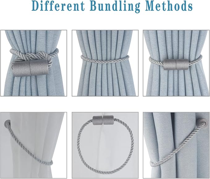 Magnetic Curtain Tiebacks 4 Pack Grey Curtain Rope Tieback Curtain Holders - Image 4