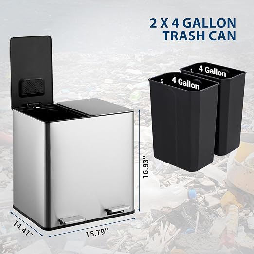 GarveeHome Dual Trash Can, 2x4 Gallon Stainless Steel Step Trash Can, - Image 5